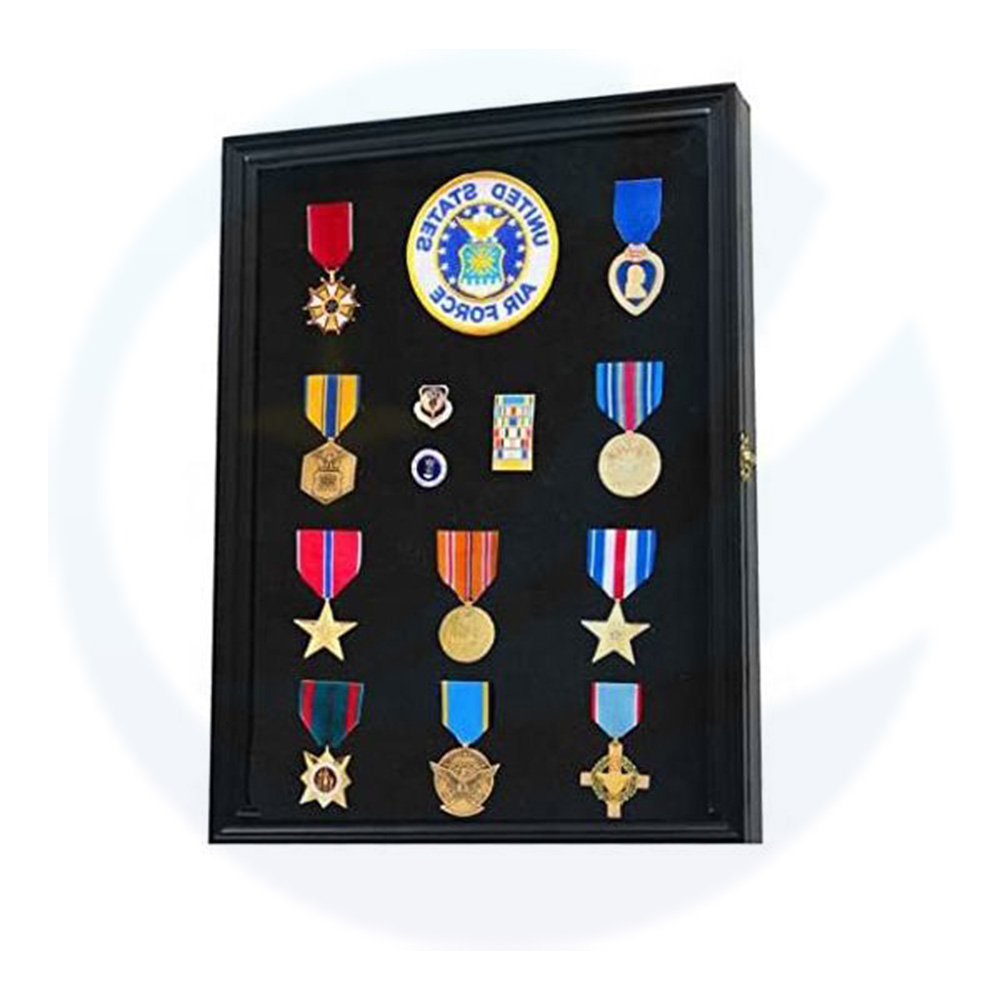 Custom 11x14 Black Wood 3D Deep Bage Tags Ribons insignes Patches Pins Médailles Military Affichage Boîte de cabine de cabinet