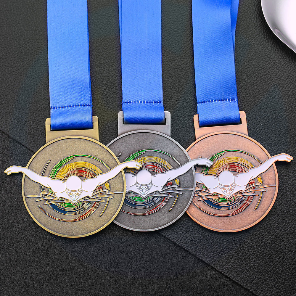 Médaille de sport personnalisée Finier 3D Finison Road Mou vélo de montagne Médaille de cyclisme en laiton Gold Silver Swim Swimming Médaille avec ruban